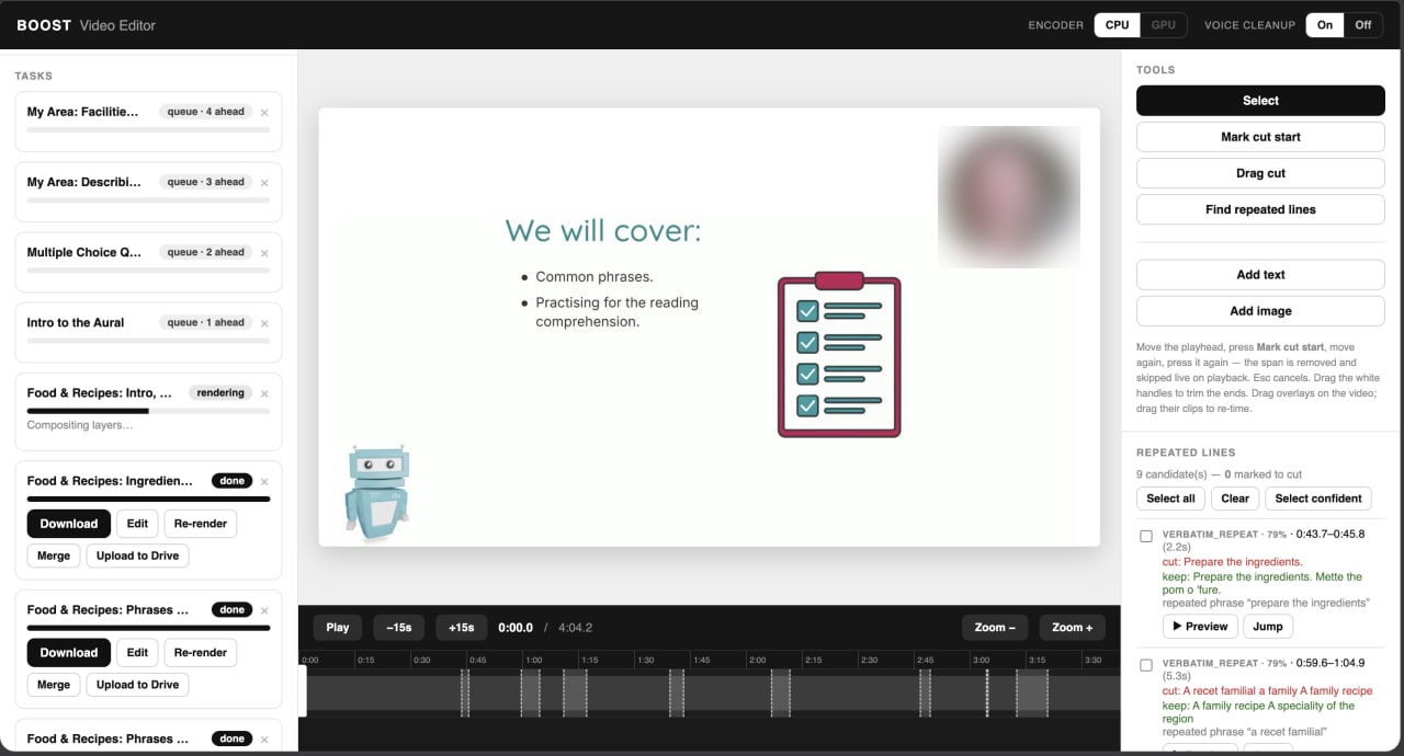 Video editor: render queue, cutting tools and repeat detection